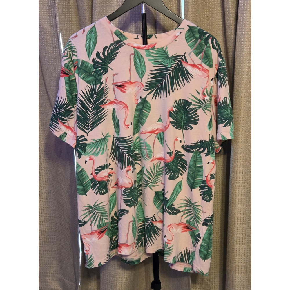 Old Navy Tropical Flamingo Palm Leaf Print T-Shirt Men's Size XXL Pink Green